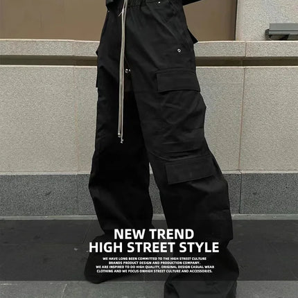 MIJKO Wide Leg Drawstring Black Cargo Pants Unisex Straight Baggy Casual Overalls Men's Streetwear Loose Oversized Trousers