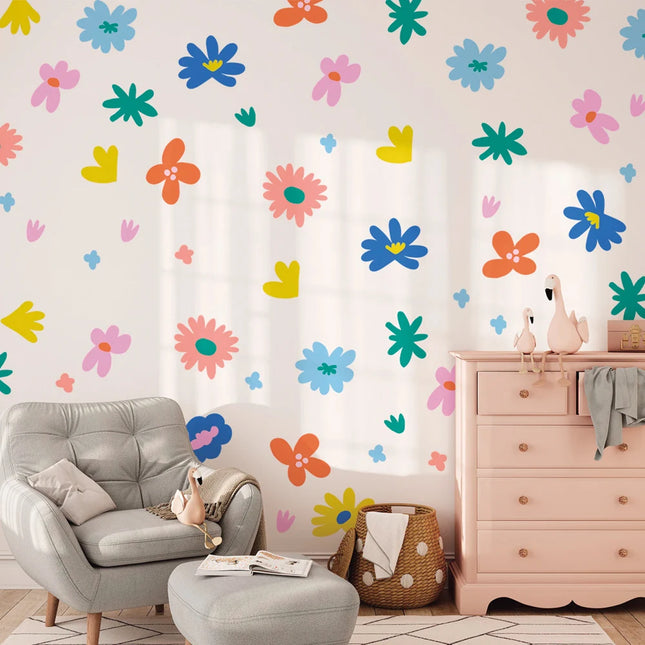 Bohemian Floral Self-Adhesive PVC Flower, Easy Peel and Stick Vibrant Multicolor Irregular Shapes for Kids' Room Decor Wall Art
