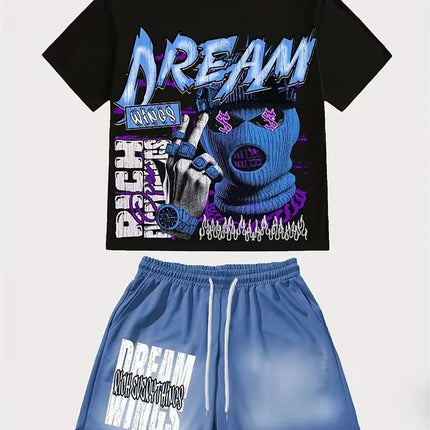 Spring And Summer American Trend 3D Printed Skull Men's Round-neck Top And Shorts, Hip-hop Style Trendy And Cool 2pcs Set