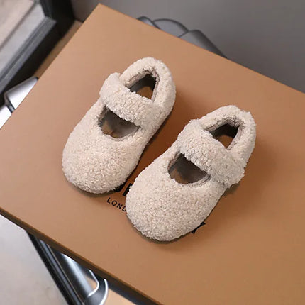 Children Fur Shoes 2024 Winter Kids Warm Plush Shoes For Girl Flat Loafers Moccasins Girls Casual Shoes Khaki, Beige