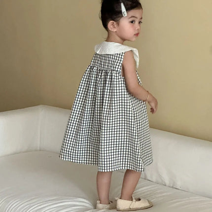 RAISE 2026 Summer Children Outfit Muslin Peter Pan Collar Kids Girls Sleeveless Dress Thin Plaid Tank Top Vest+loose Shorts Suit