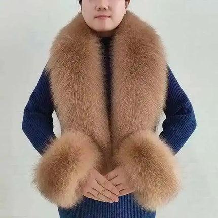 Winter Natural Fox Fur Scarf And Cuff Set Women Jacket Fur Collar Authentic Neck Warm Scarves Luxury Fluffy Fox Fur Shawl