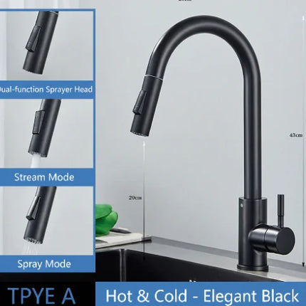 Modern Matte Black Kitchen Faucet Single Handle Pull Out Sprayer Two Function Mixer Tap Deck Mounted Hot Cold Water Household Ki