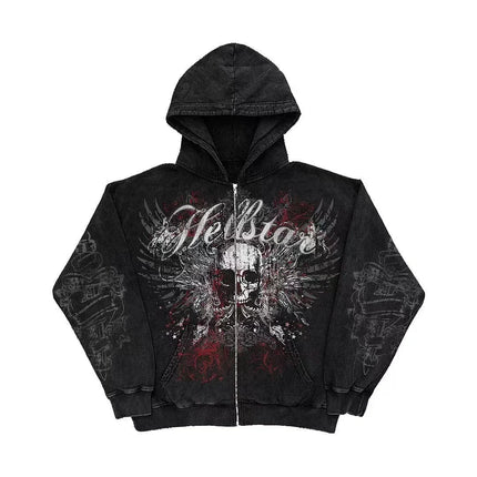 90s Tapout Gothic Zip Up Hoodies Skull Cross Wings Graphic Print Dark Streetwear Black Hooded Sweatshirts Unisex Autumn Tops