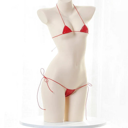 New Womens Sexy Lingerie Leather Bikini Bra G-string Wet Look Breathable Halter Lace-up Tight Fitting Uniform Set Ladies Bikini