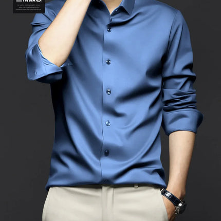 6XL Men Shirt Long Sleeve Slim Fit Luxury Smooth Soft Anti-wrinkle Non-ironing Solid Color Ice Silk Shirts Men Long Sleeve