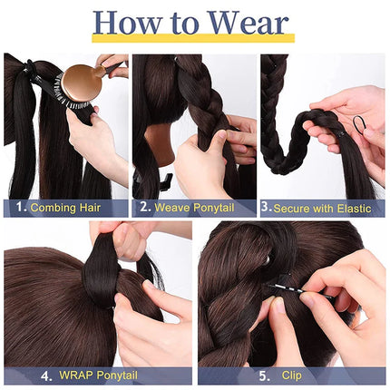 Synthetic Long Braided Ponytail Extension with Hair Tie Straight Wrap Around Natural Soft Hair Piece Daily Wear 30 Inch 160 Gram