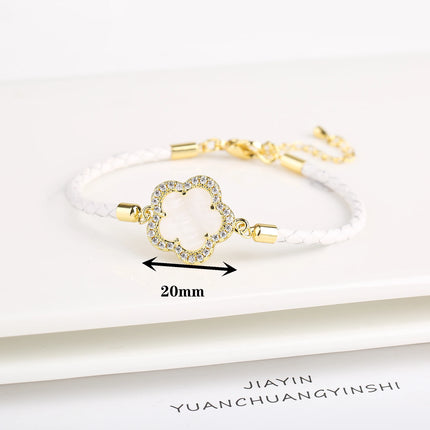 Classic Genuine Leather Woven Natural Stone Five Leaf Flower Charm Bracelet Fashion for Women Girls Party Wedding Jewelry Gift