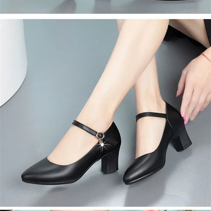 Women Fashion Sweet Red Comfort Buckle Strap Square Heel Pumps Lady Casual Black Pu Leather Office High Heel Shoes Spring Autumn