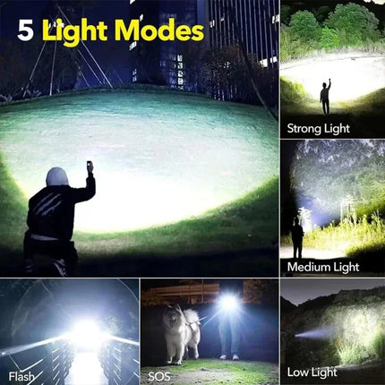 High Power LED Flashlight USB Rechargeable 5 Mode Aluminum Alloy Telescopic Zoom Torch Tactical Lamp for Outdoor Camping Fishing