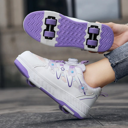 Girls Roller Skates Four-wheel Outdoor Shock-absorbing Casual Sports Shoes Soft Walking Comfortable Flat Wheel Shoes for Kids