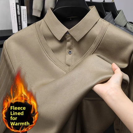 Men's Winter Thickened Fleece Lined Knitwear Polo Shirt Long Sleeve Loose Fit Solid Color Thermal Base Layer Two-Piece Look