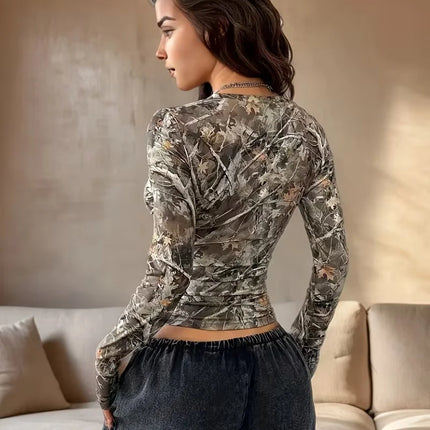 Women's Y2K Street Top Tree Branch Pattern Full V-neck T-shirt