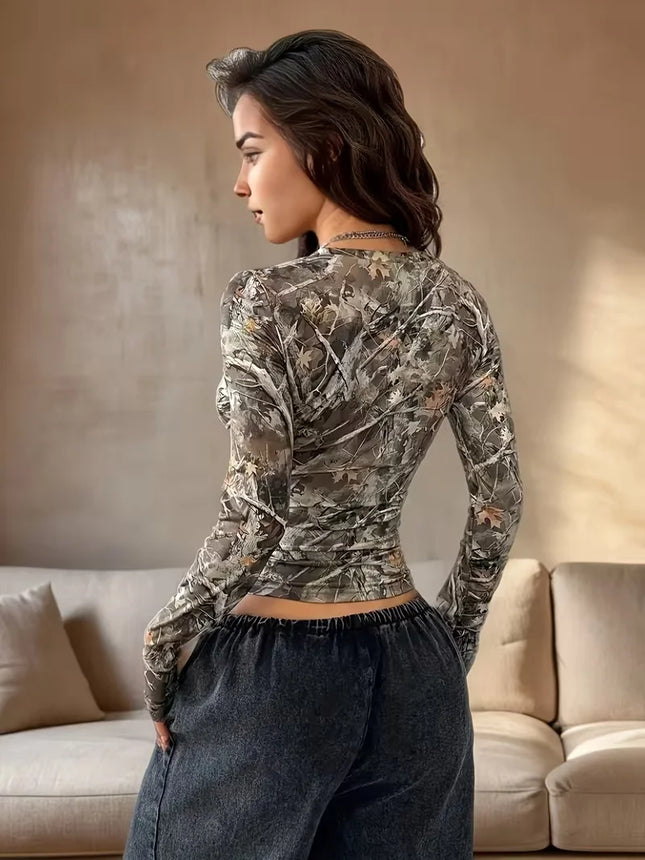 Women's Y2K Street Top Tree Branch Pattern Full V-neck T-shirt