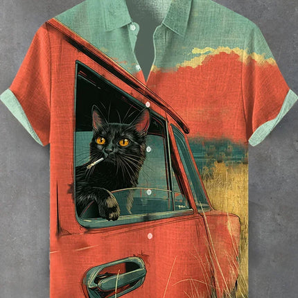 Summer Men's Retro Cartoon Anime Cat Theme Short Sleeve Shirt Short Sleeve Tops Fashion Casual Vacation Streetwear Men's Shirt