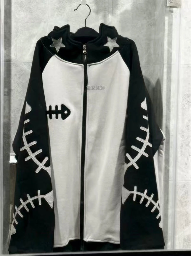 Japanese Cat Ear Fish Bone Hoodie Women Subculture Vintage Y2k Harajuku Punk Oversized Sweet Cardigan Zipper Sweatshirts