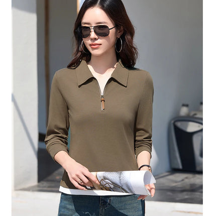 False Two-piece Design Polo Collar Shirt Women's Long Sleeve Cotton T-Shirt Solid Color Business Casual Blend Top Fashion Style