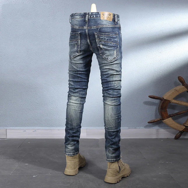 Y2K Fashion New High-Quality Jeans Scratch Wash Nostalgic Stretch Slim Fit Retro Blue Men's Jeans Designer High-Quality Jean