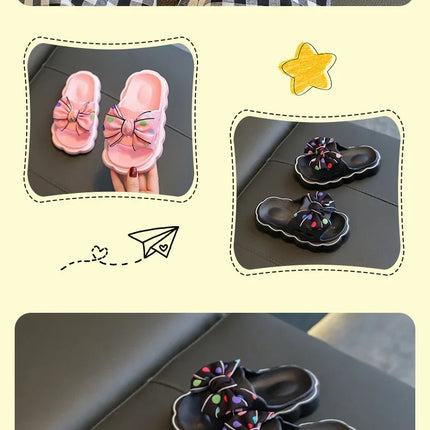 Children Slippers Girls Wearing Soft Soled Slippers Outside Cute Bow Anti Slip Bathroom Slippers Contrast Color Kid Slippers