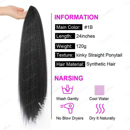 Synthetic Ponytail Extension with Bangs for Black Women Yaki Straight Drawstring Ponytail Hairpieces Clip in Ponytail Extension