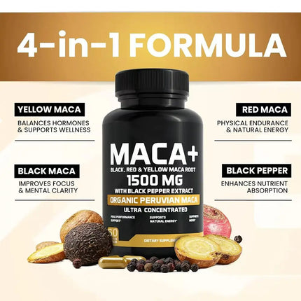 Organic Maca Root Powder Capsules 1500mg with Black Pepper Extract & Maca Root Extract, Energy & Mood Supplemet for Men & Women