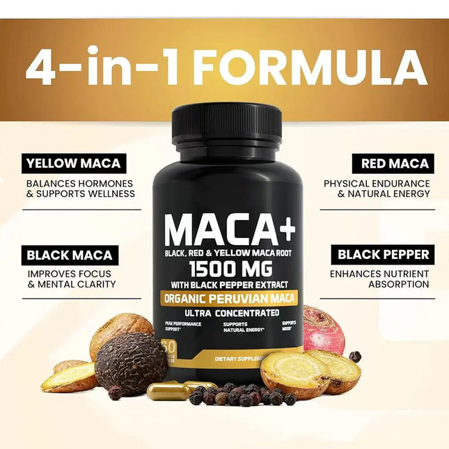 Organic Maca Root Powder Capsules 1500mg with Black Pepper Extract & Maca Root Extract, Energy & Mood Supplement for Men & Women