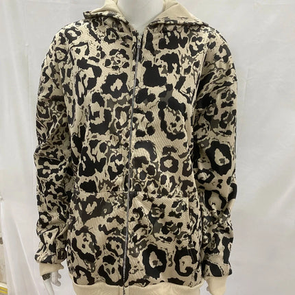 Hip Hop Casual Leopard Print Long Sleeve Hoodie 2000s Autumn Winter Fashion High Street America Dopamine Loose Zipper Sweatshirt