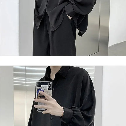 Korean Style Men's Long-sleeved Shirts Black Tie Cozy Casual Solid Oversize Blouses Breathable Loose Shirt Harajuku Male Clothes