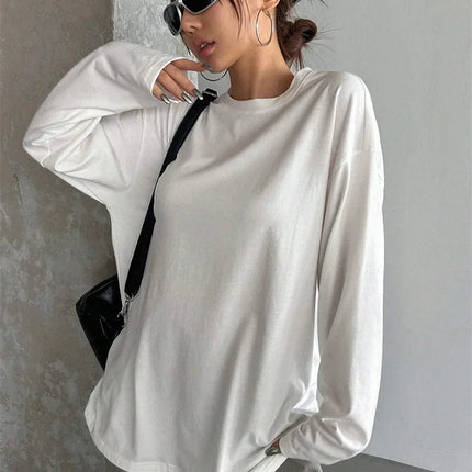 Women's Basic Long Sleeve Loose O-neck T-shirt Autumn Winter Solid Color Tee Top Streetwear