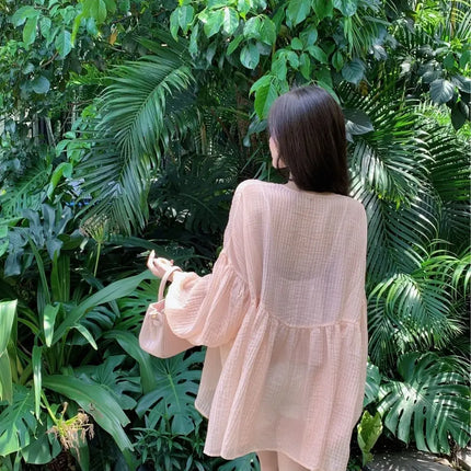 Korean Version V-neck Long Sleeved Shirt for Women's Spring 2024 New Loose Medium Long Sun Protection Shirt Top Two-piece Set