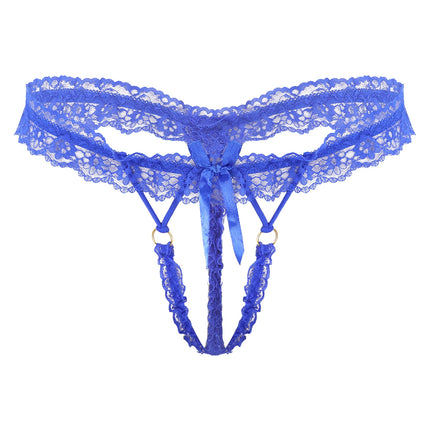 Mens Sexy Frilly Lace Open Penis Pouch Thongs Bow Elastic Waistband G-string Crotchless T-back Lingerie Sissy Underwear