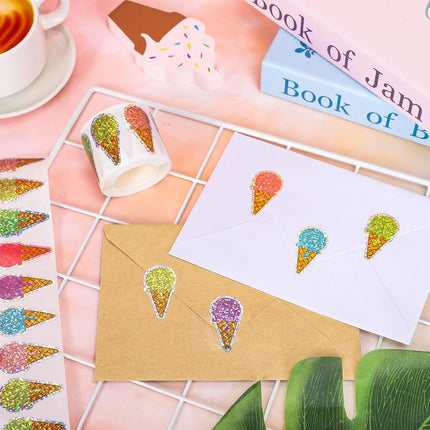100-500 Pcs Summer Ice Cream Stickers Roll Holographic Ice Cream Cone Stickers Colored Waterproof Self-Adhesive Decals for Gift