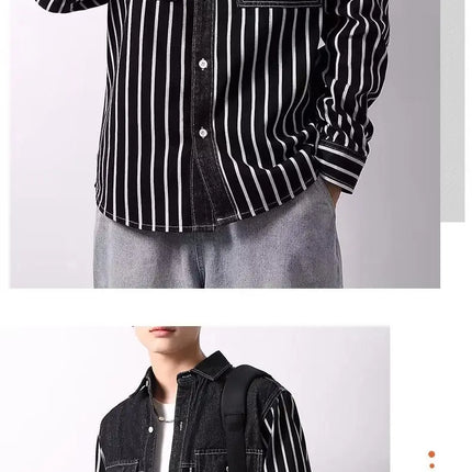 2024 New Spring and Autumn Youth Collection Commuting and Leisure Versatile Contrast Stripe Pocket Long Sleeved Men's Shirt Top