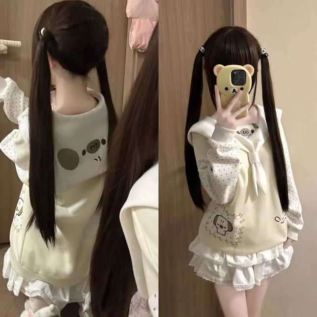 Japanese Kawaii Cartoon Dog Print Hoodies Women Sweet Sailor Collar Loose Sweatshirt Y2k Aesthetic Polka Dot Lolita Hoody Tops
