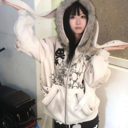 Harajuku Casual Rabbit's Ears Cute Hoodies Women Y2k Aesthetic Loose Printing Vintage Coats Streetwear Zipper Grunge Sweatshirts