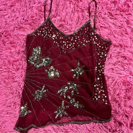hirigin Sexy Sequin Slim Fit Irregular Strap Tank Crop Tops Versatile Sexy Hot Girl Summer Mesh See Through Sleeveless Tee Shirt