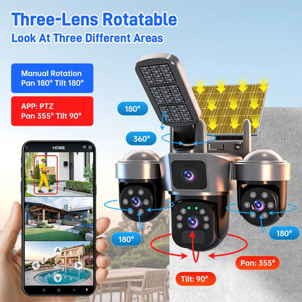 V380 8K 15MP WiFi Solar Camera With Solar Lighting 3-Screen Security Protection Wireless WiFi Solar Outdoor Surveillance