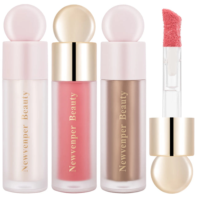 Liquid Highlighter+Blush+Contour Stick Set for Face & Body Silky Natural Glow Liquid Luminizer Matte Pink Shadow Face Makeup