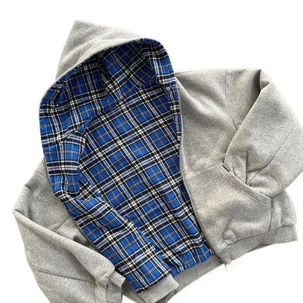 American Double-Sided Plaid Loose Zipper Hoodie Men Y2K New Harajuku Hip-Hop Gothic Couple Casual Joker Sweatshirt Streetwear