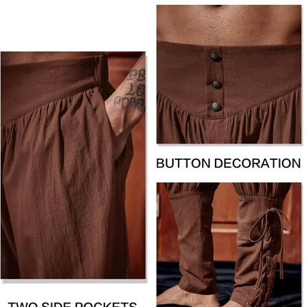 Mens Medieval Ankle Pants Renaissance Viking Pirate Lace Up Tapered Halloween Linen Costume Trousers Cargo Pants