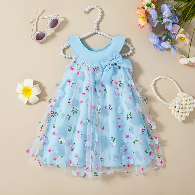 (0-3 Years Old) Summer Mesh All Over Flower Bow Baby Girl Dress Cute Sleeveless Girl Princess Dress