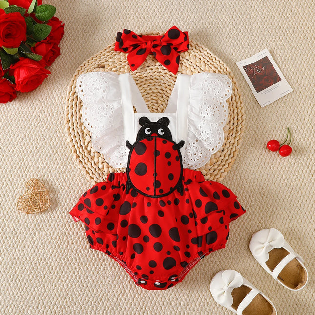 Newborn Baby Girl Bodysuit, Laceseven Star Ladybug Bodysuit + Headband 2-Piece Set for 0-18 Month Old Female Baby Summer Bodysuit