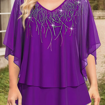 Women’s Plus Size Elegant Blouse Lace Patchwork 3/4 Sleeve Chiffon V-Neck Sequins Printed T-Shirt Double Layer Loose Female Tees