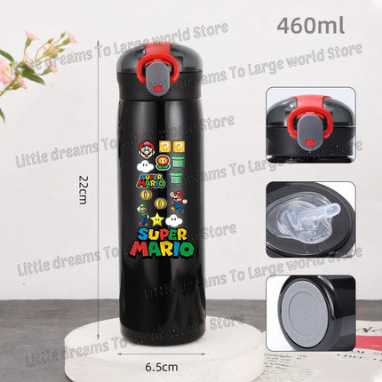 Super Marios Bros 460ml Thermal Cup Men Women Anime Black Straw Bottle Bouncing Lid Portable 304 Stainless Steel Thermo Bottles