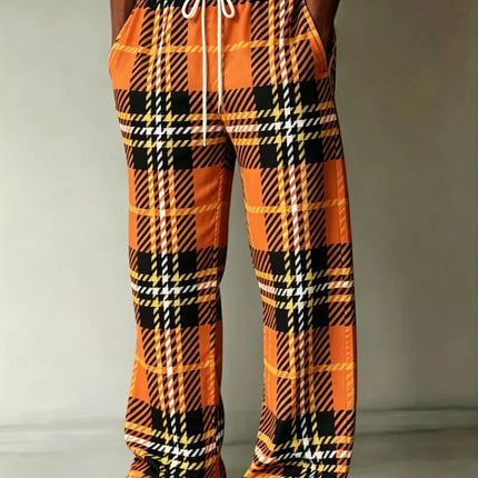 Men's classic plaid/diamond print casual pants, loose and breathable drawstring style, suitable for outdoor sports