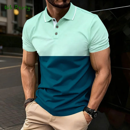 Summer men's polo men's casual short-sleeved polo shirt with striped color block design, sporty polo style collar polo shirt for