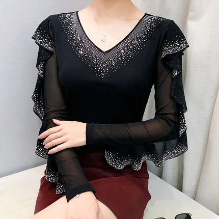 2025 Autumn New Style Mesh Tops Korean Fashion Round Neck Ruffles Shirt Lotus Leaf Edge Hot Diamond Long Sleeve Women T Shirt