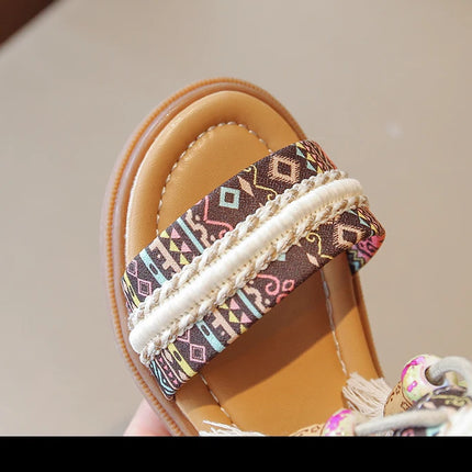 Girls Sandals Ethnic Retro Children Fashion Casual Shoes Tassels 2024 Back Zipper Summer New Sandals Kids Pattern GLADIATOR Cute