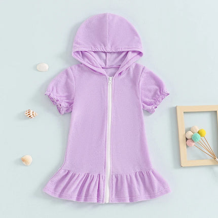 Girls Swimwear Cover-ups Solid Color Short Sleeve Zipper Ruffle Beach Dress Toddler Bathing Suit Kids Bikini Cover Up 1-8Y