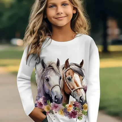 Girl Clothes Fashion Horse 3D Print Kids Long Sleeves T-Shirt Loose Casual Autumn Tops Outdoor Comfortable Children's Clothing